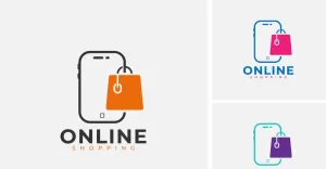 Ecommerce Logo With Smartphone, Hand Bag And Muse Design For Website Or E-Business