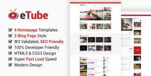 eTube - Blog Magazine Video HTML Template for Video Streaming Website