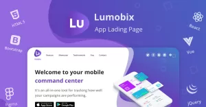 Lumobix – šablona vstupní stránky pro mobilní aplikace s ukázkami React Vue HTML a Figma