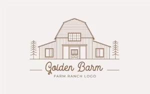 Retro Line Art Golden Wood Barn Farm Logo Design