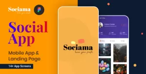 Sociama  Social Media Mobile App and LandingPage Figma Template